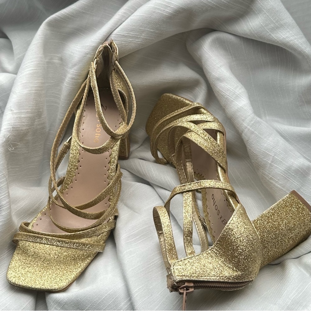 Women High Heels Gold Wedding Strappy Block Heel Sandals 8 sparkly zip back  3’